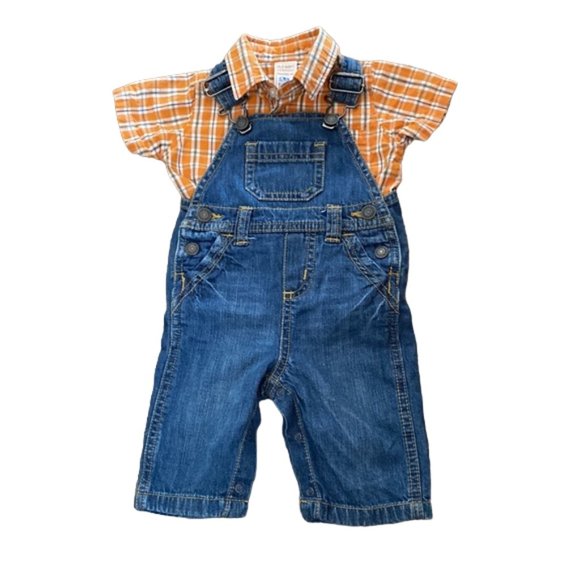 2-Piece Old Navy Denim Overalls and Plaid Button-Front Shirt 0-3 Months - Picture 2 of 12